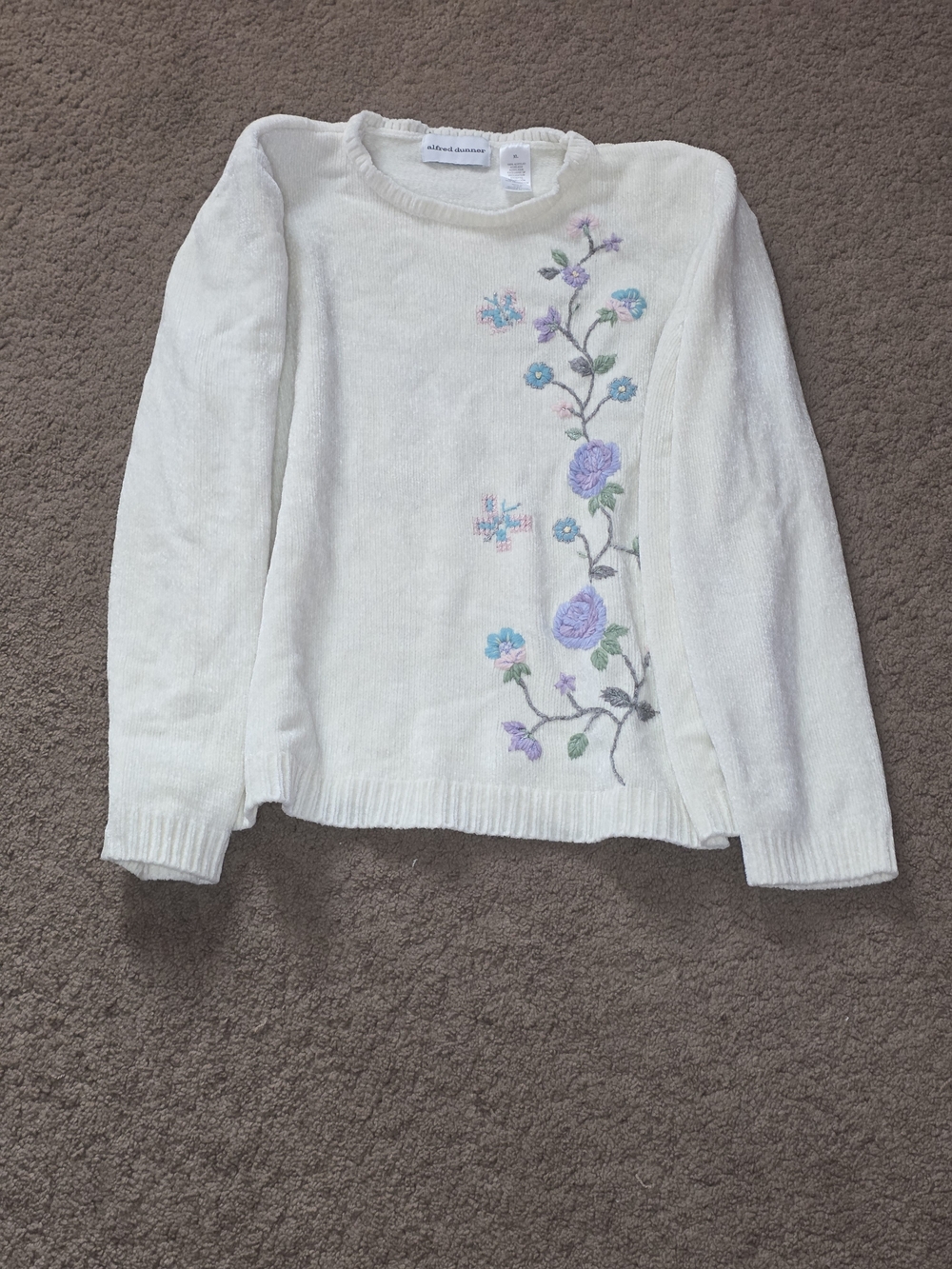Alfred Dunner Cream Crewneck Sweater with Pastel Floral Embroidery